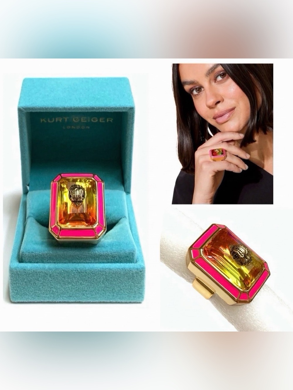 Kurt Geiger XL Cocktail Gold-Tone Ring with Pink  Enamel NEW Sz 8